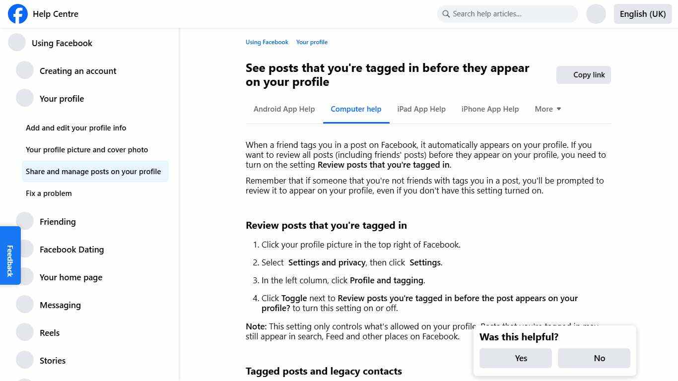 See posts that you're tagged in before they appear on your profile | Facebook Help Centre